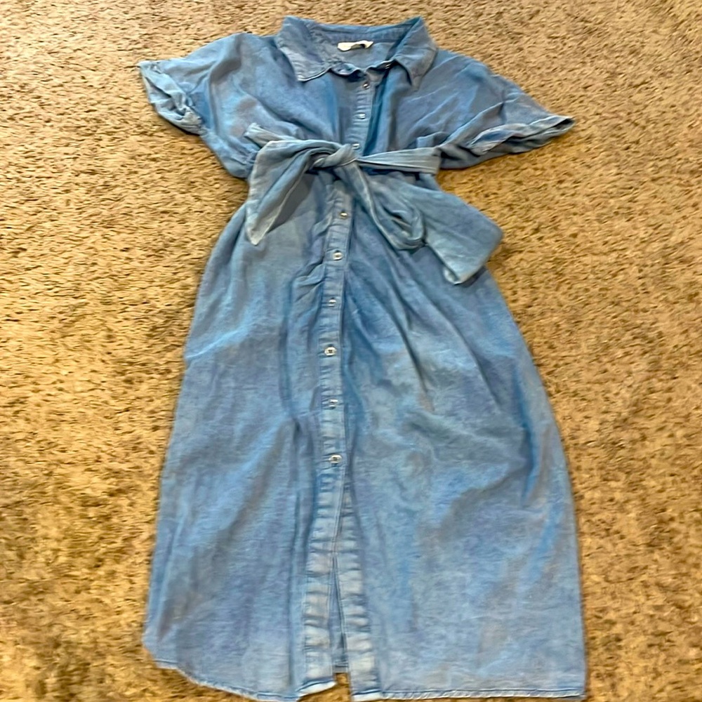 Modern pregnancy friendly maternity dress chambray denim blue